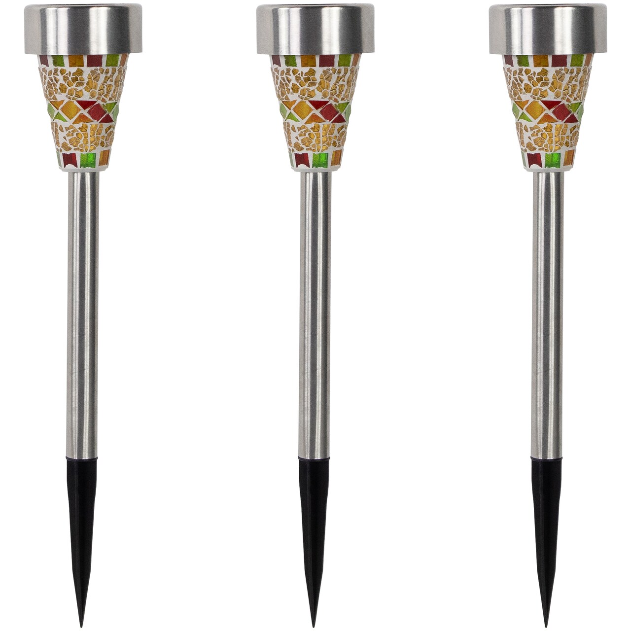 Northlight Set of 3 Red Mosaic Stained Glass Solar Powered LED Pathway Markers, 15.5"